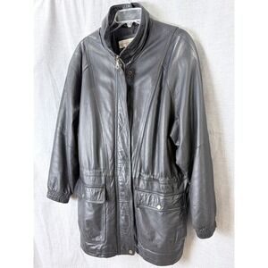 Vintage 1990s Leather Jacket Mens M Black Minimalist Zip Front Retro